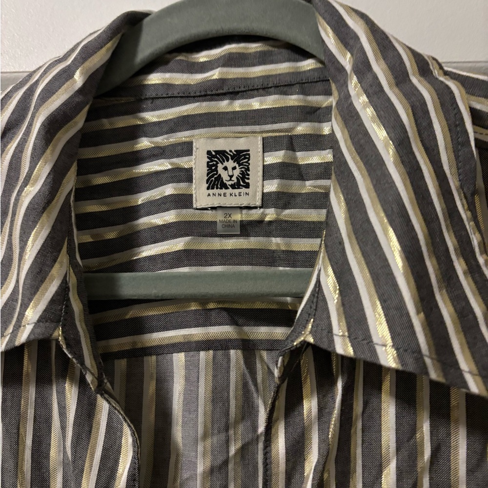 Anne Klein Gray and Gold/Silver Striped Shirt - Picture 2 of 4